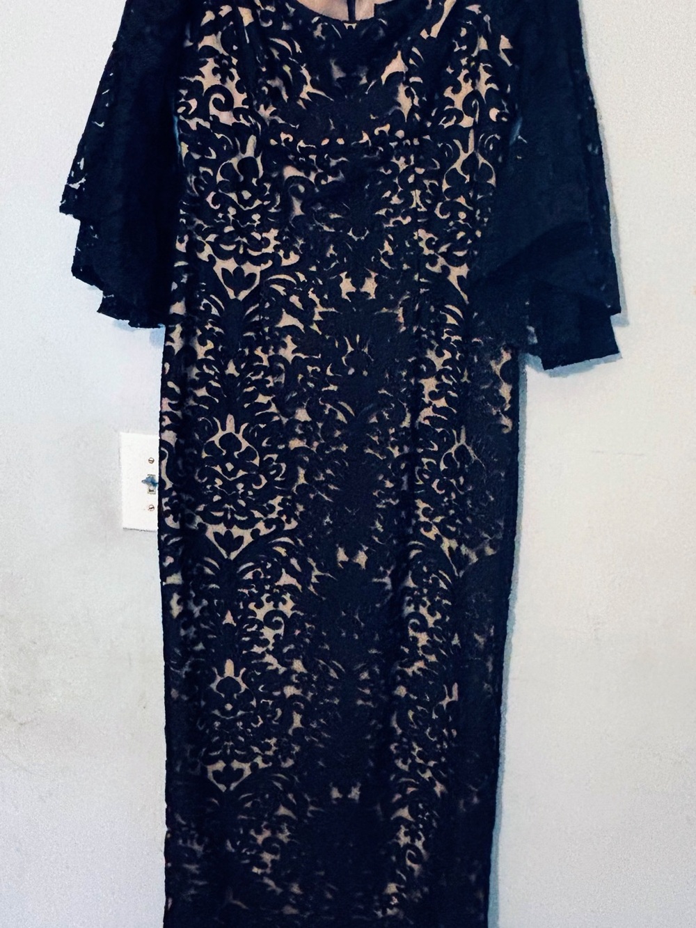 Xscape Black Lace Overlay Dress with Nude Underlayer
